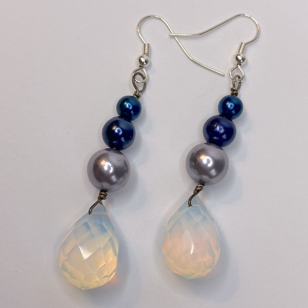 Opalite faceted glass pearl dangle earrings sterling silver